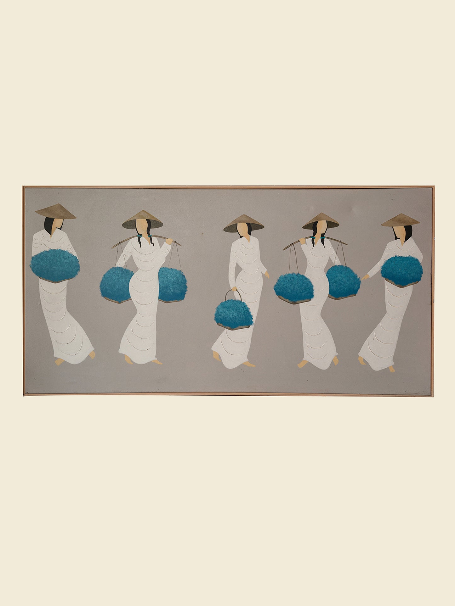 Mixed-media artwork titled Azure Harvest Procession, showing five women in white garments and conical hats carrying vivid blue harvest baskets.