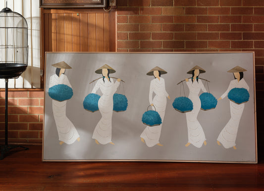 Mixed-media artwork titled Azure Harvest Procession, showing five women in white garments and conical hats carrying vivid blue harvest baskets.