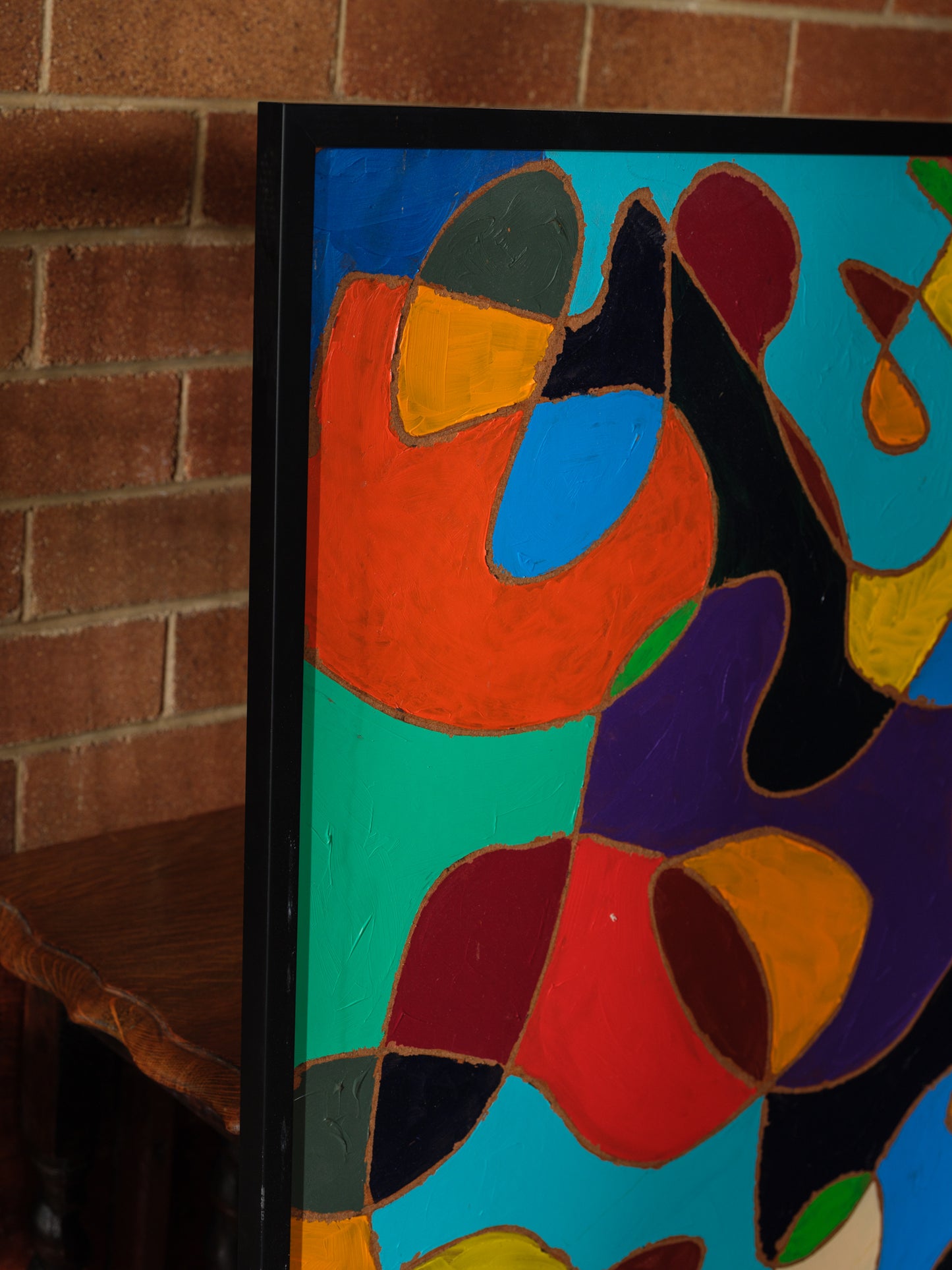 Abstract acrylic painting titled Chromatic Currents, featuring interwoven organic shapes in bold saturated colors with strong black outlines.