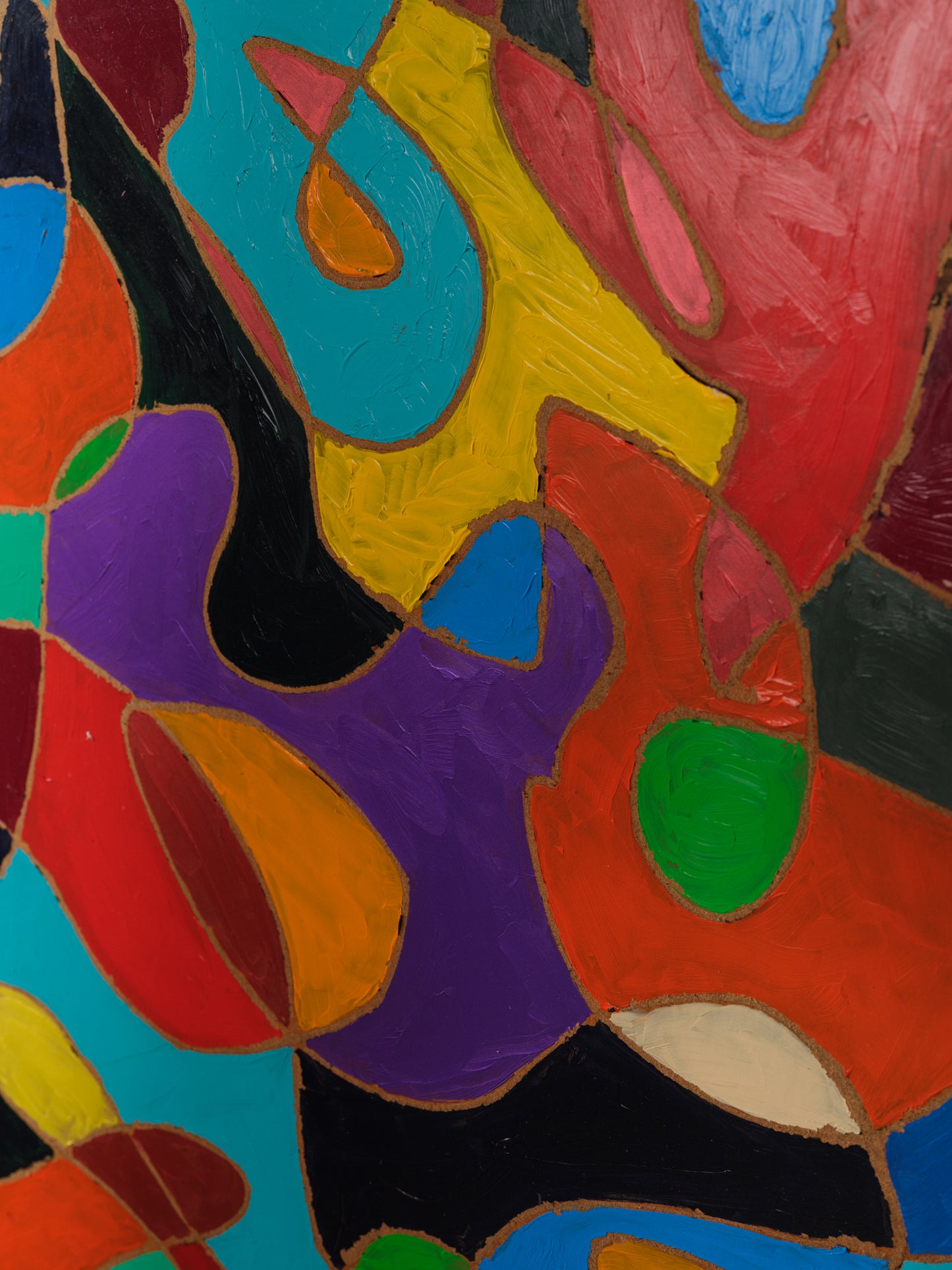Abstract acrylic painting titled Chromatic Currents, featuring interwoven organic shapes in bold saturated colors with strong black outlines.