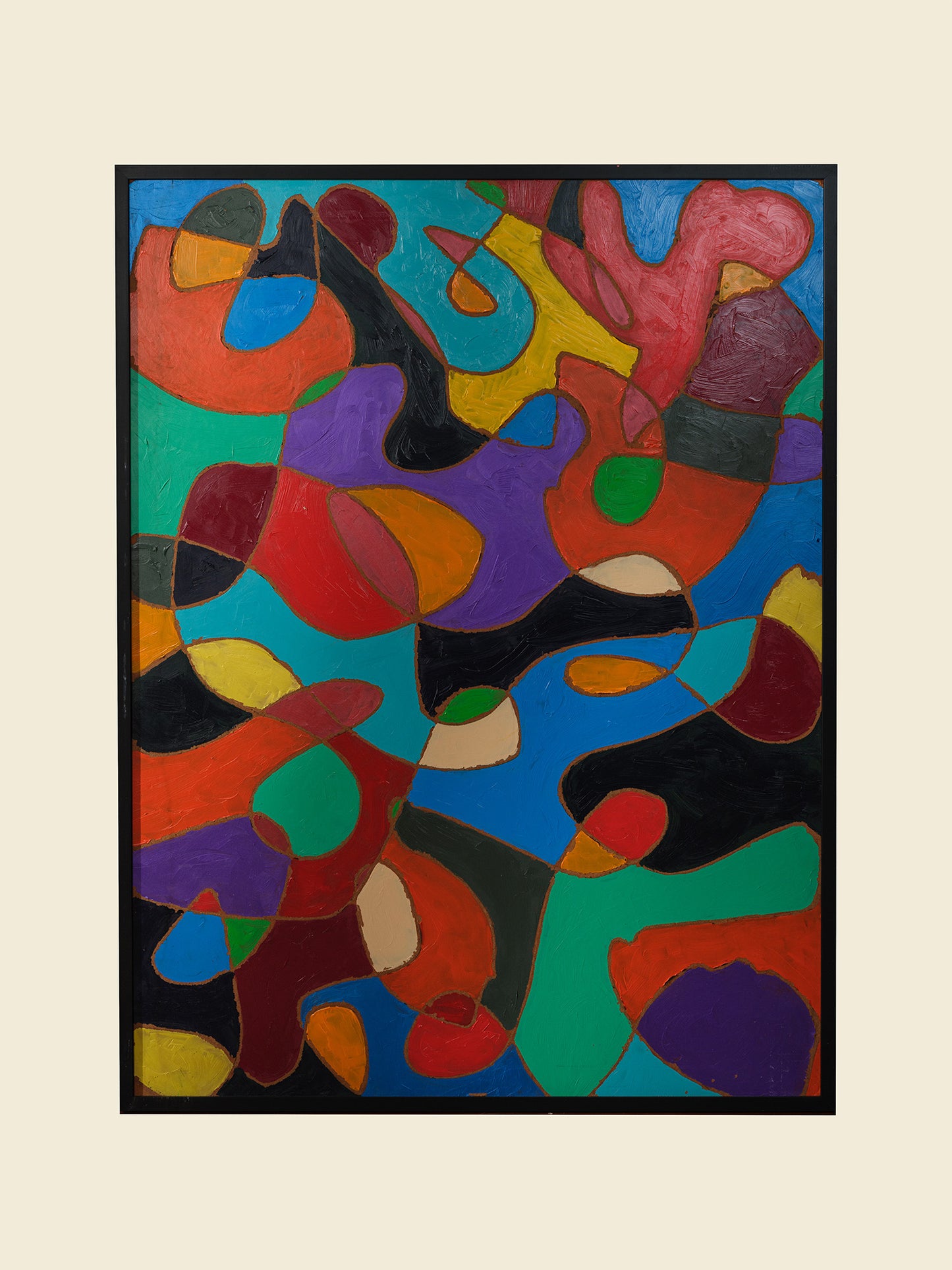 Abstract acrylic painting titled Chromatic Currents, featuring interwoven organic shapes in bold saturated colors with strong black outlines.