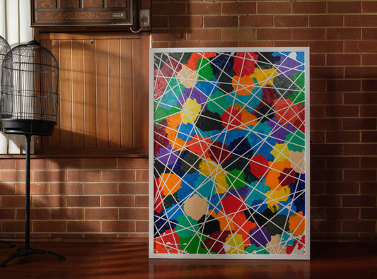 Abstract acrylic painting titled Constellations of Color, featuring vibrant patches of bold hues intersected with geometric white lines.