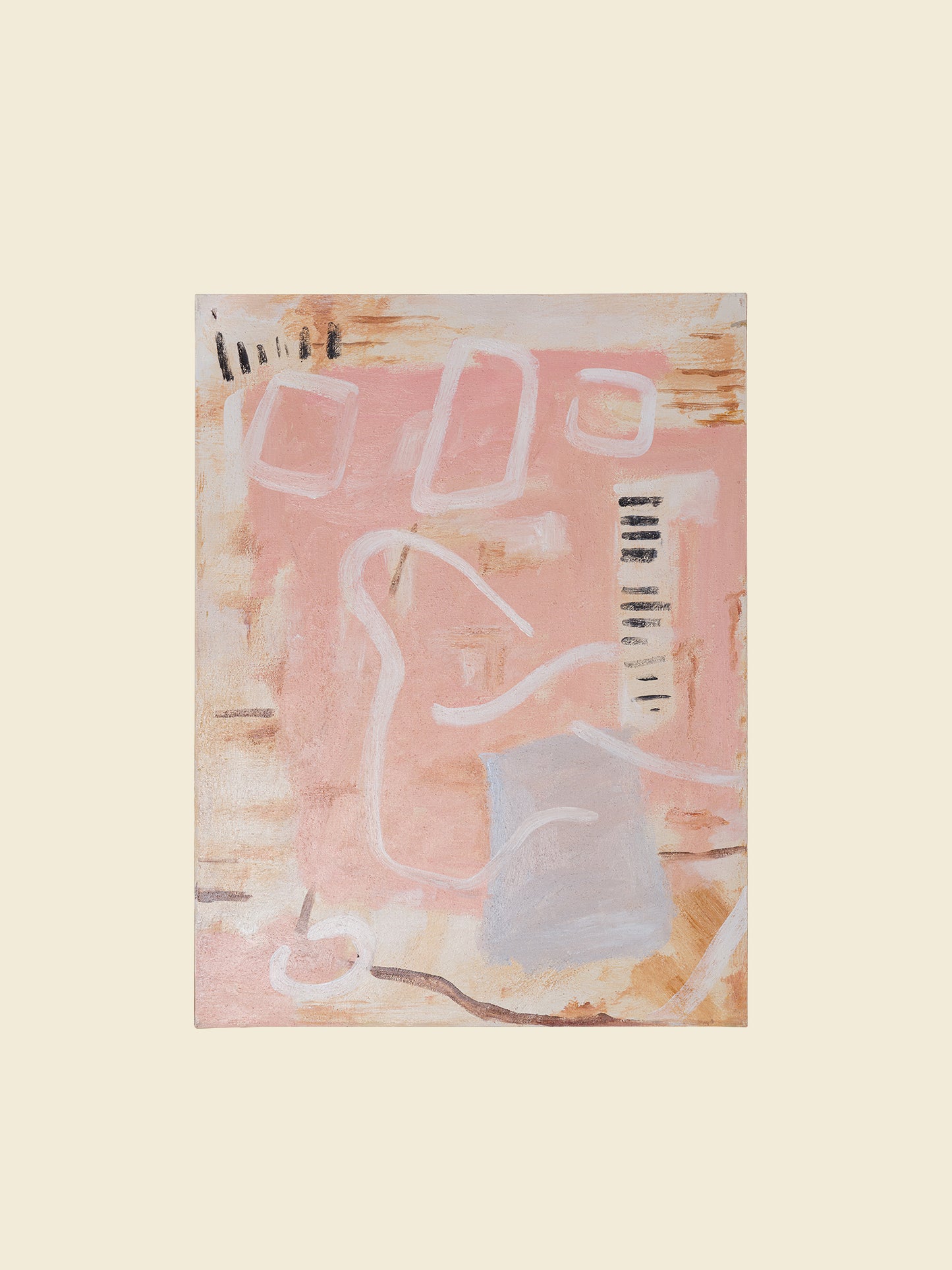 Abstract painting titled Drift in Pink, featuring soft pink and beige tones on canvas, displayed on wooden easel.