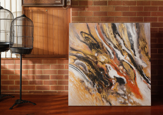 Abstract acrylic painting titled Ember Current, featuring dynamic swirls of gold, black, white, and fiery orange tones.