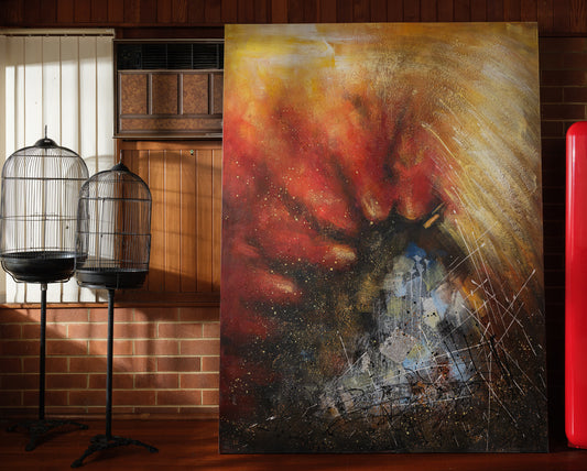 Mixed-media abstract artwork titled Ember Vortex, featuring fiery red, gold, and black tones with layered textures and dynamic energy.