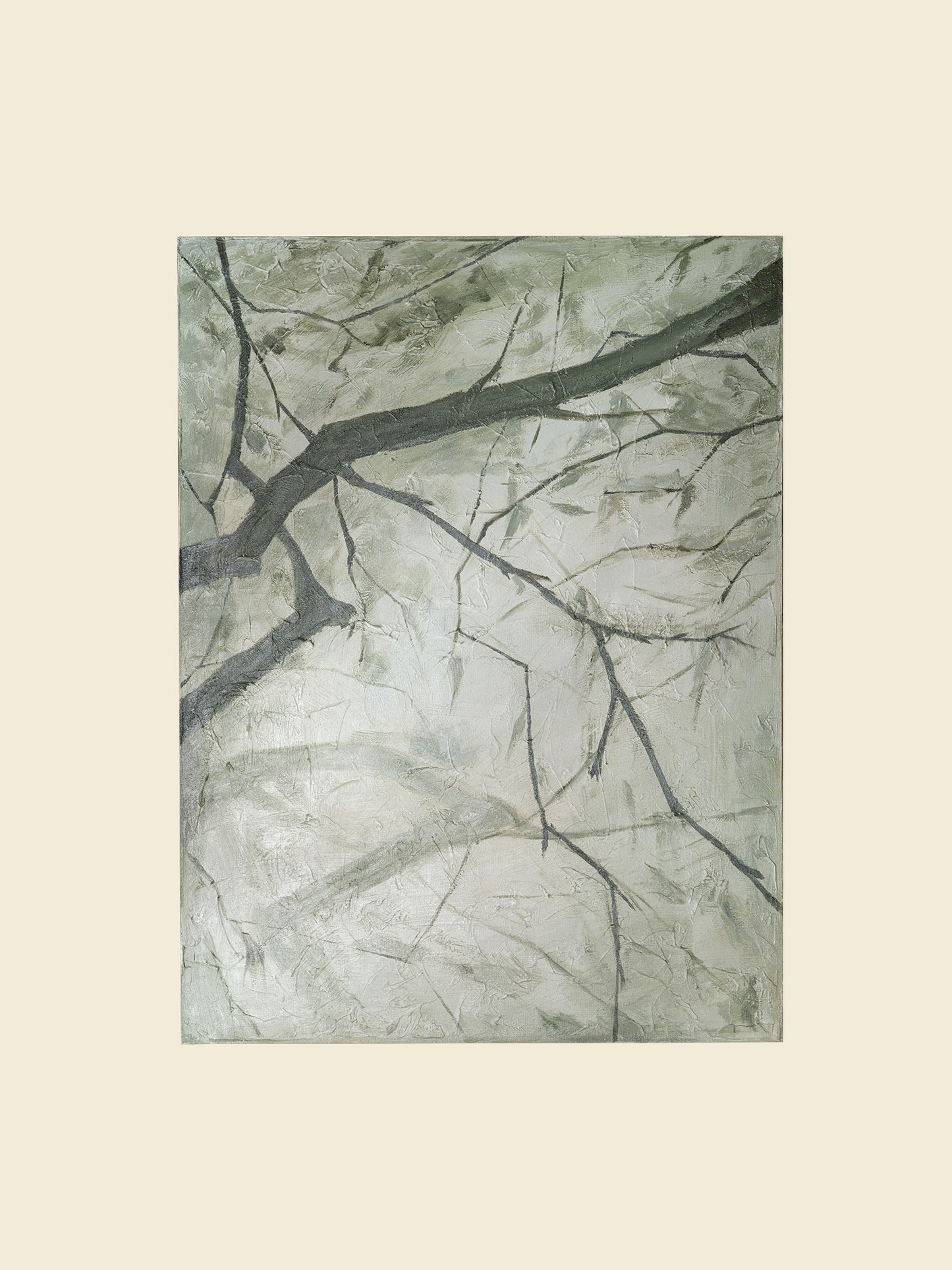 Abstract painting titled Frosted Lines, featuring cool grey and white tones with branch-like linear patterns on canvas.