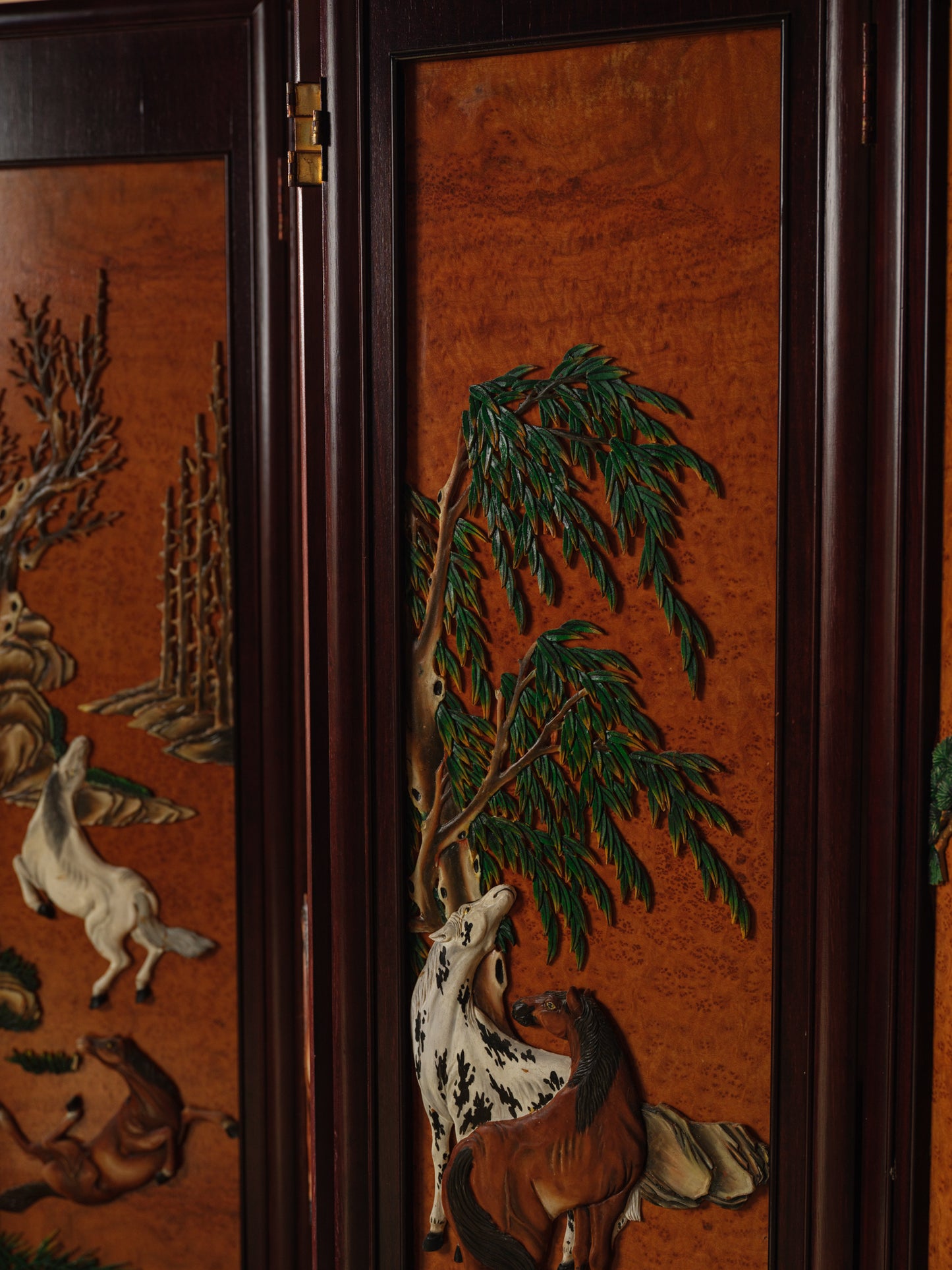 Four-panel wooden screen titled Herd Beneath the Pines, featuring hand-painted horses beneath pine trees in a traditional Chinese landscape style.
