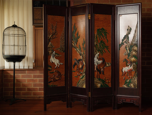 Four-panel wooden screen titled Herd Beneath the Pines, featuring hand-painted horses beneath pine trees in a traditional Chinese landscape style.