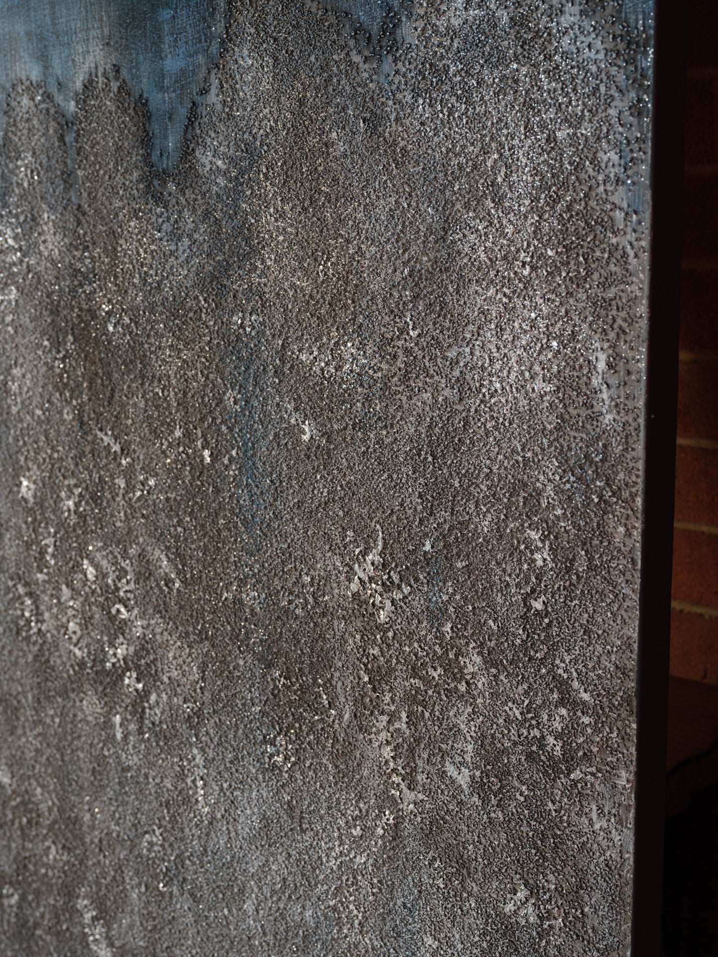 Abstract acrylic painting titled Midnight Ridge, featuring textured ridges in grey tones fading into deep midnight blue and black.
