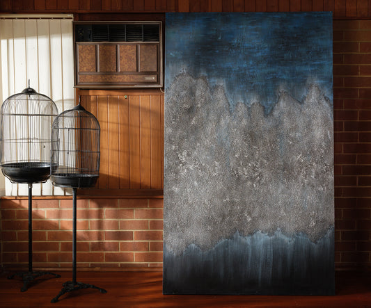 Abstract acrylic painting titled Midnight Ridge, featuring textured ridges in grey tones fading into deep midnight blue and black.