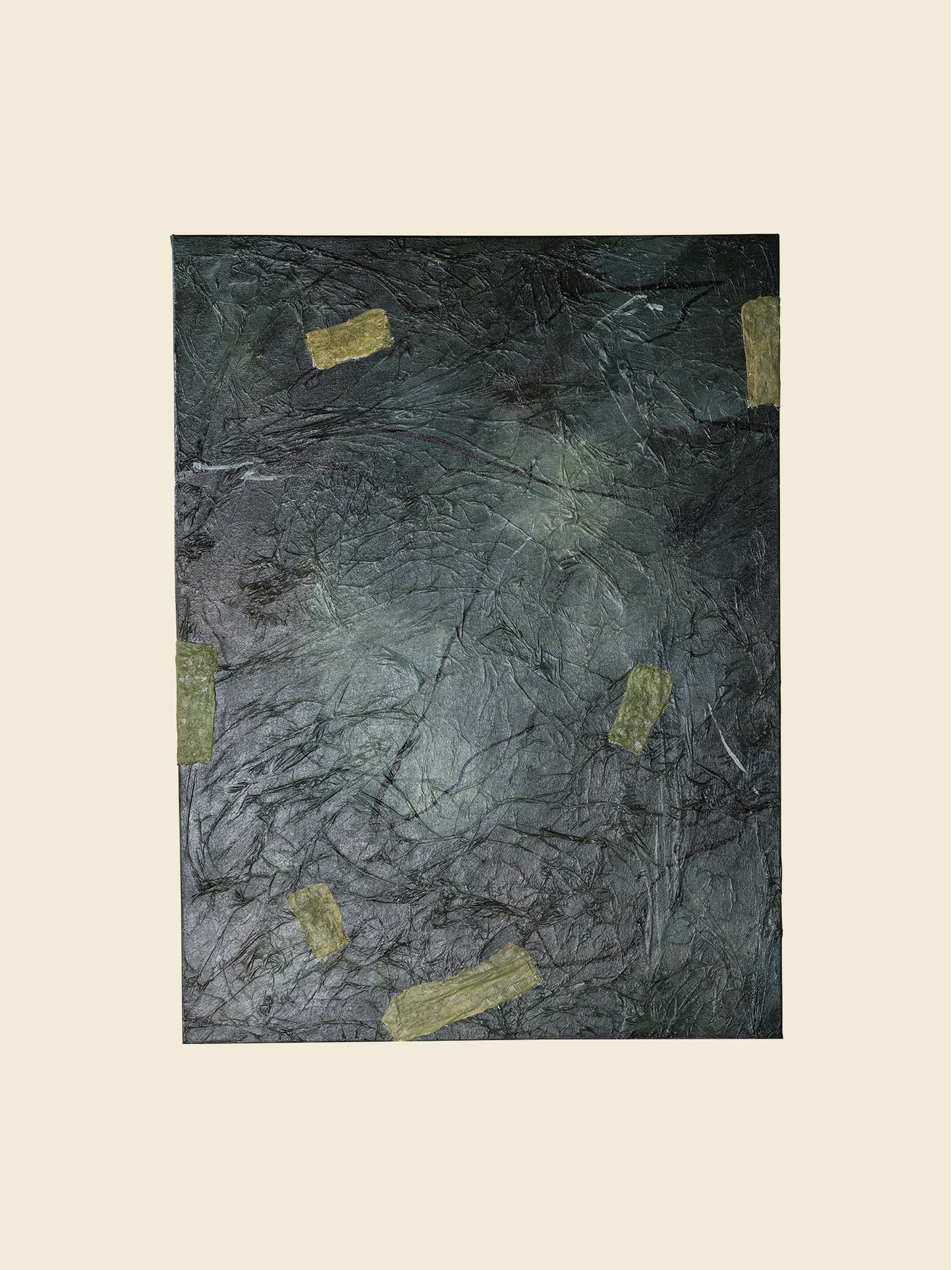 Abstract painting titled Moss & Slate Drift, featuring textured dark green and grey tones with organic golden accents on canvas.