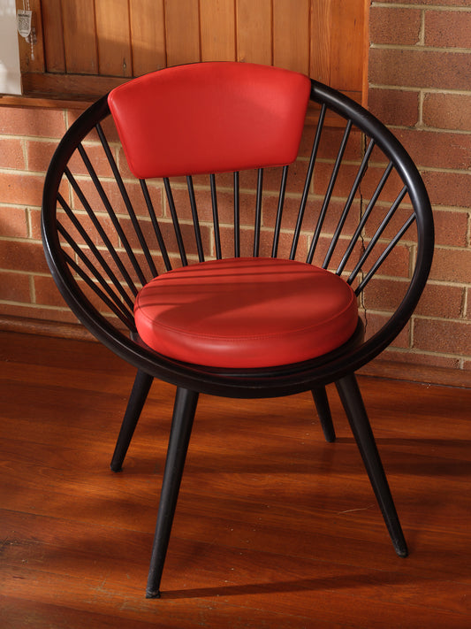 Vintage round chair by Yngve Ekström, 1960s design with black frame and red leather seat and backrest