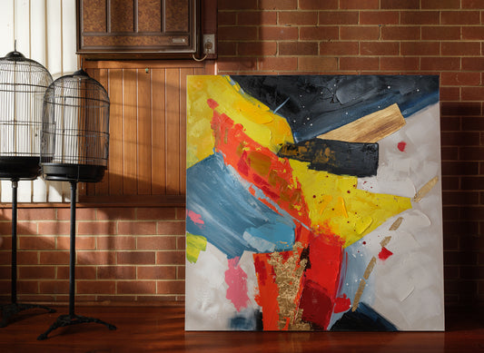 Abstract acrylic painting titled Solar Rift, featuring bold strokes of yellow, red, black, and blue with textured gold accents.