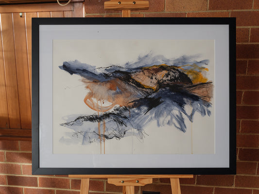 Framed drawing titled Storm Over Ridges (2021) by Melanie Cooper, created with acrylic and charcoal on paper, signed and presented under glass