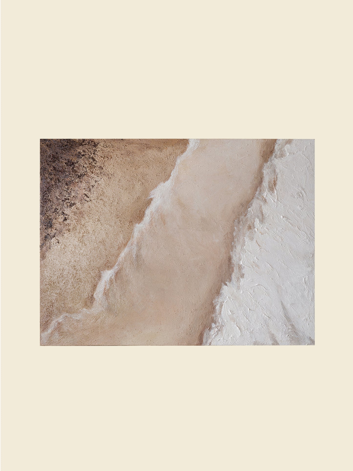 Abstract textured painting titled Tideworn Dune, featuring layered sandy beige and white tones evoking coastal dunes on canvas.
