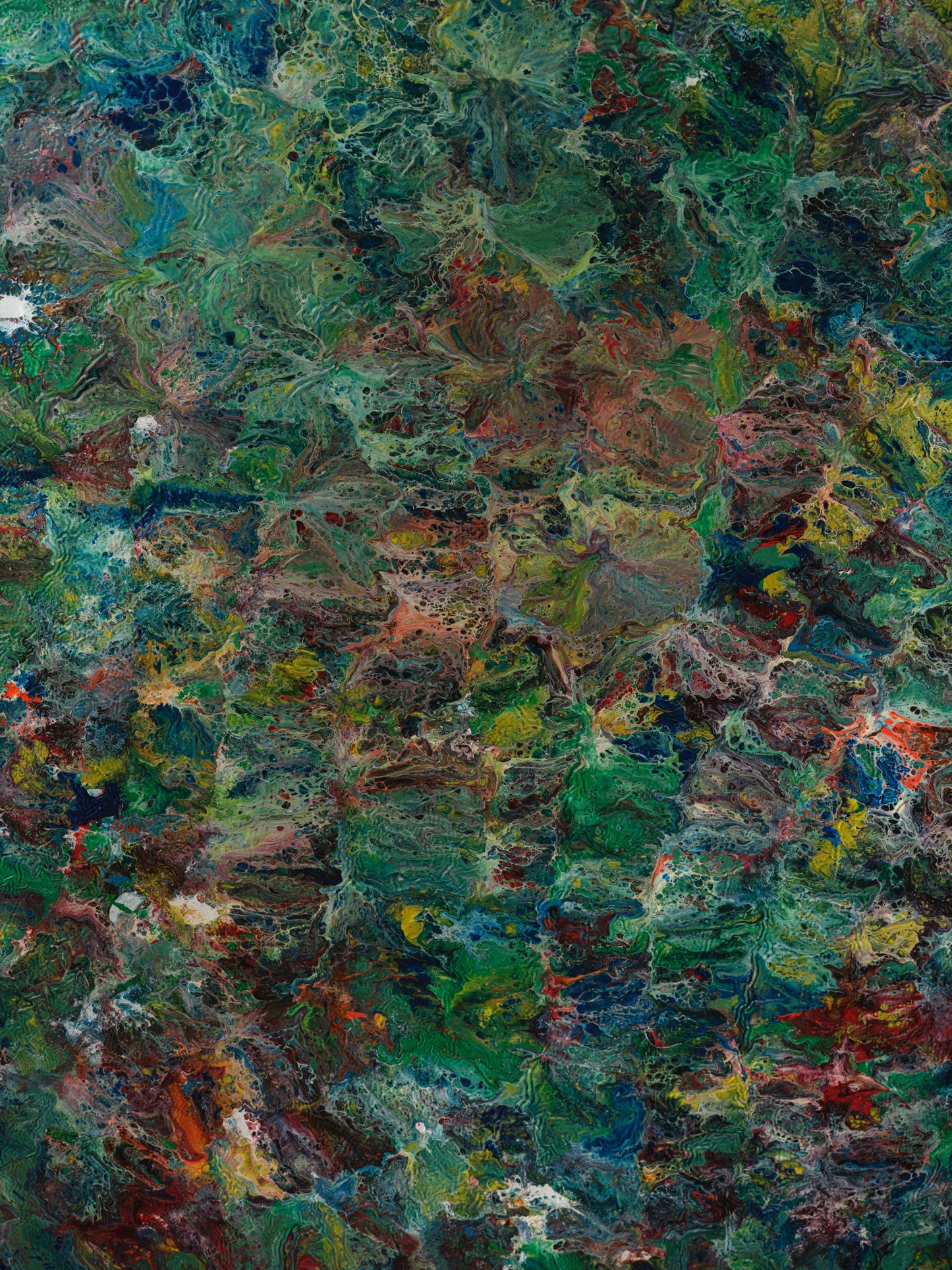 Abstract acrylic painting titled Verdant Drift I, featuring layered green, earthy, and colorful tones evoking organic movement.