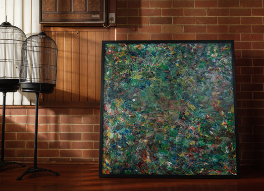 Abstract acrylic painting titled Verdant Drift I, featuring layered green, earthy, and colorful tones evoking organic movement.