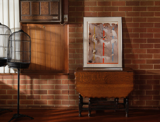 Mixed media artwork titled Weathered Signals, featuring layered earthy textures with vertical signal-like lines in red, yellow, and blue.