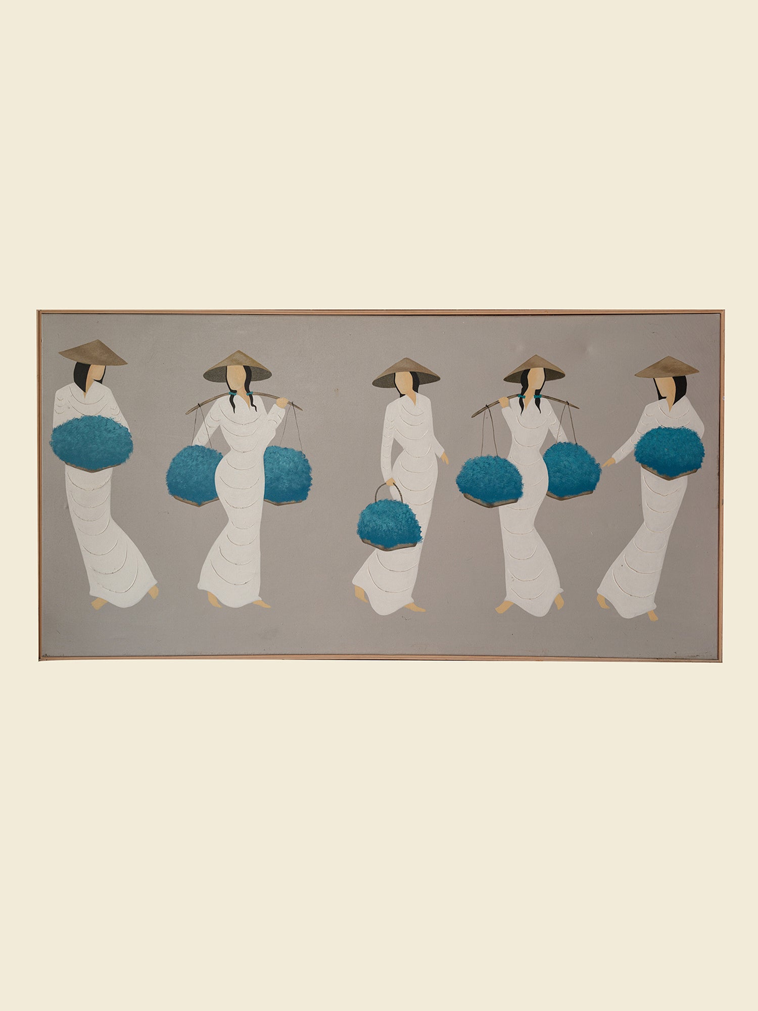 Mixed-media artwork titled Azure Harvest Procession, showing five women in white garments and conical hats carrying vivid blue harvest baskets.