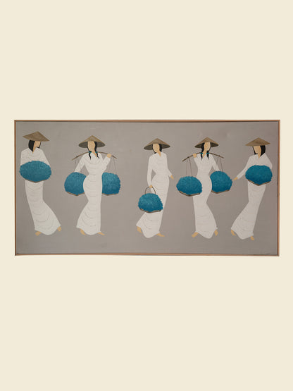 Mixed-media artwork titled Azure Harvest Procession, showing five women in white garments and conical hats carrying vivid blue harvest baskets.