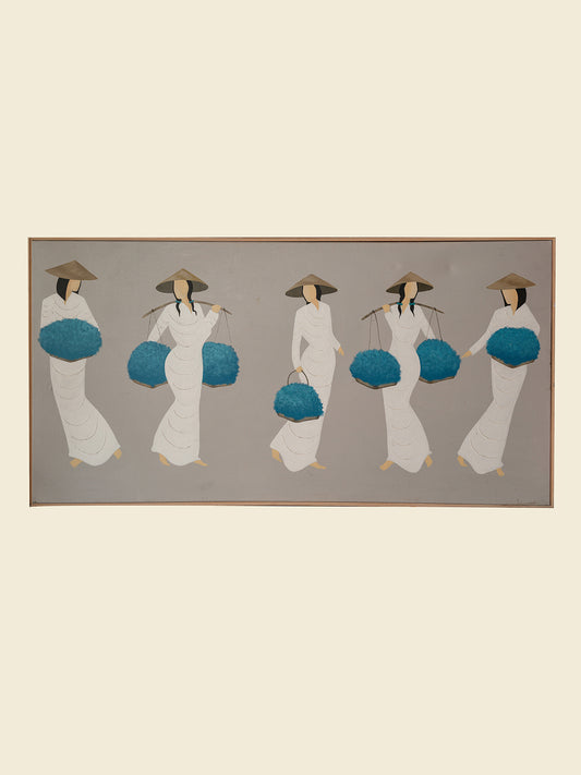 Mixed-media artwork titled Azure Harvest Procession, showing five women in white garments and conical hats carrying vivid blue harvest baskets.