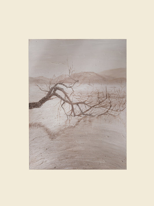 Abstract painting titled Blush in the Breeze, featuring soft beige and blush tones with a tree branch in a tranquil landscape.