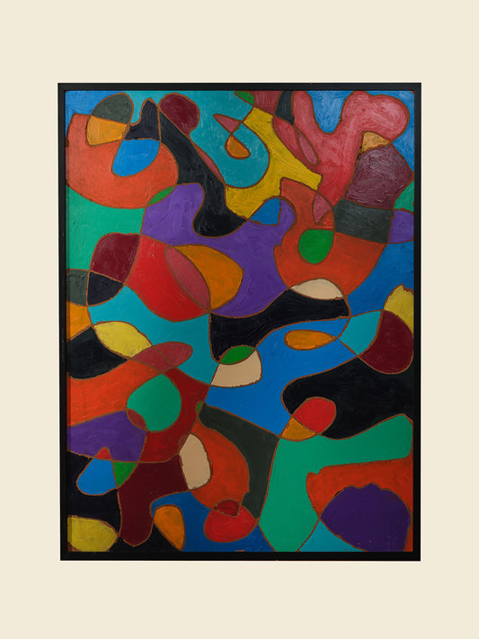 Abstract acrylic painting titled Chromatic Currents, featuring interwoven organic shapes in bold saturated colors with strong black outlines.