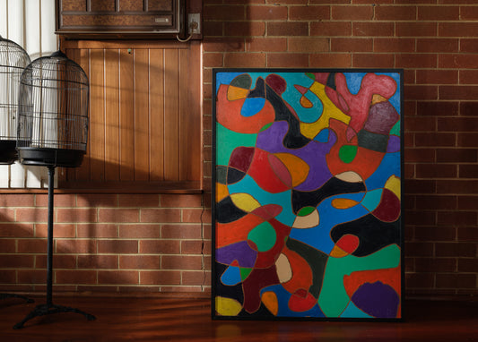 Abstract acrylic painting titled Chromatic Currents, featuring interwoven organic shapes in bold saturated colors with strong black outlines.