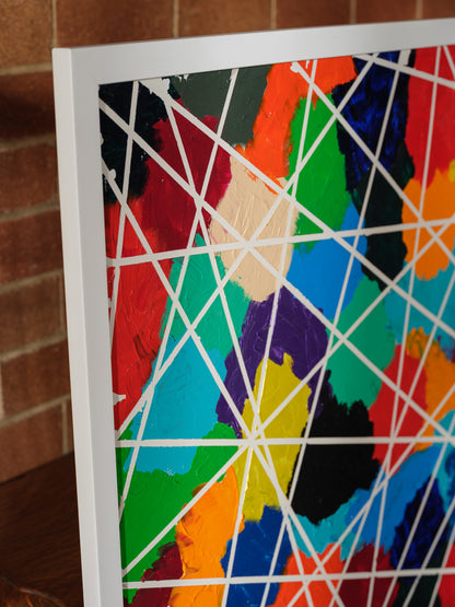 Abstract acrylic painting titled Constellations of Color, featuring vibrant patches of bold hues intersected with geometric white lines.