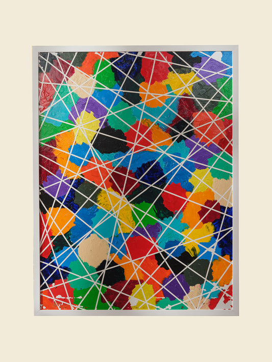 Abstract acrylic painting titled Constellations of Color, featuring vibrant patches of bold hues intersected with geometric white lines.