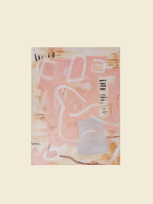 Abstract painting titled Drift in Pink, featuring soft pink and beige tones on canvas, displayed on wooden easel.