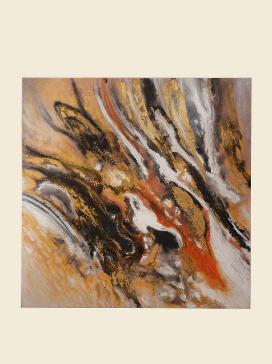 Abstract acrylic painting titled Ember Current, featuring dynamic swirls of gold, black, white, and fiery orange tones.
