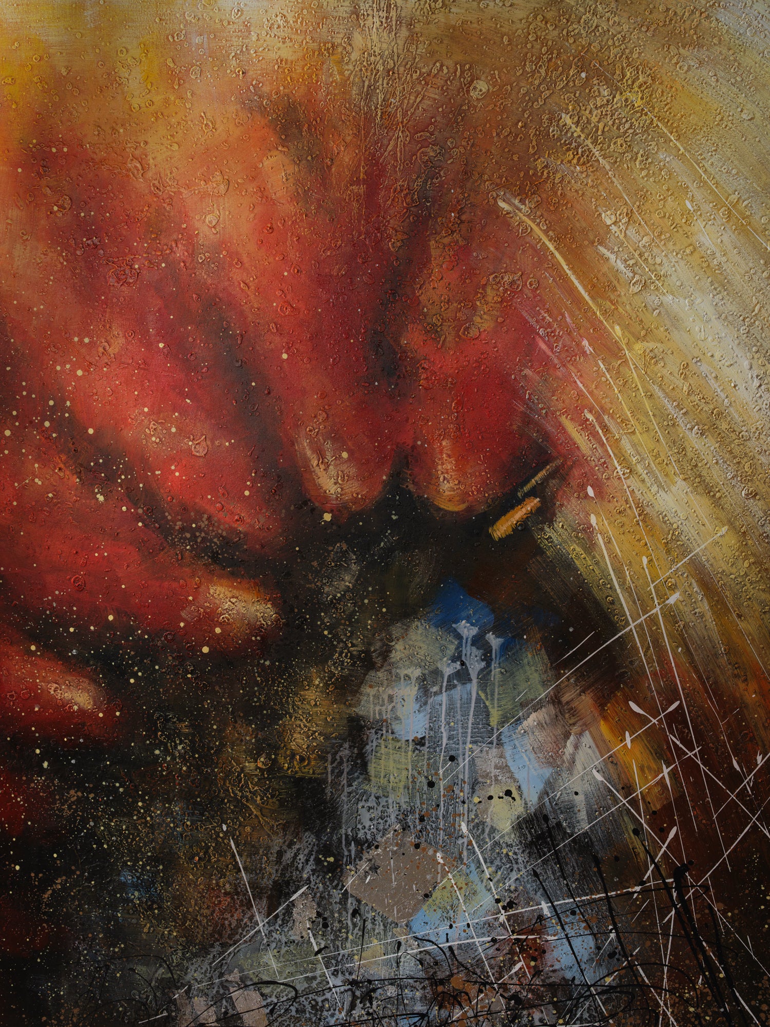 Mixed-media abstract artwork titled Ember Vortex, featuring fiery red, gold, and black tones with layered textures and dynamic energy.
