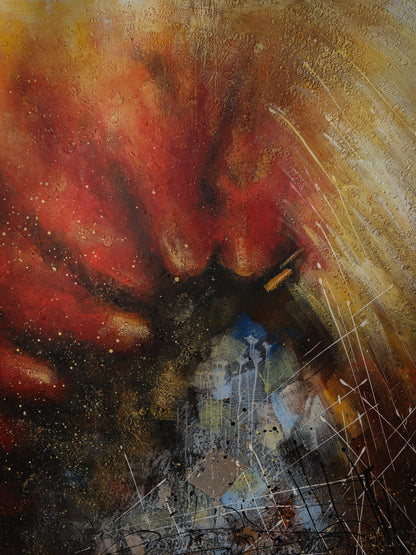 Mixed-media abstract artwork titled Ember Vortex, featuring fiery red, gold, and black tones with layered textures and dynamic energy.