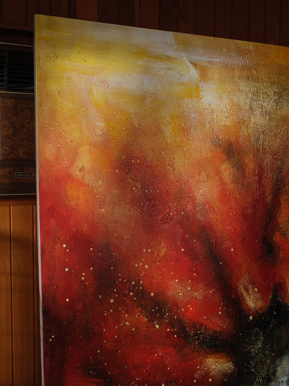 Mixed-media abstract artwork titled Ember Vortex, featuring fiery red, gold, and black tones with layered textures and dynamic energy.