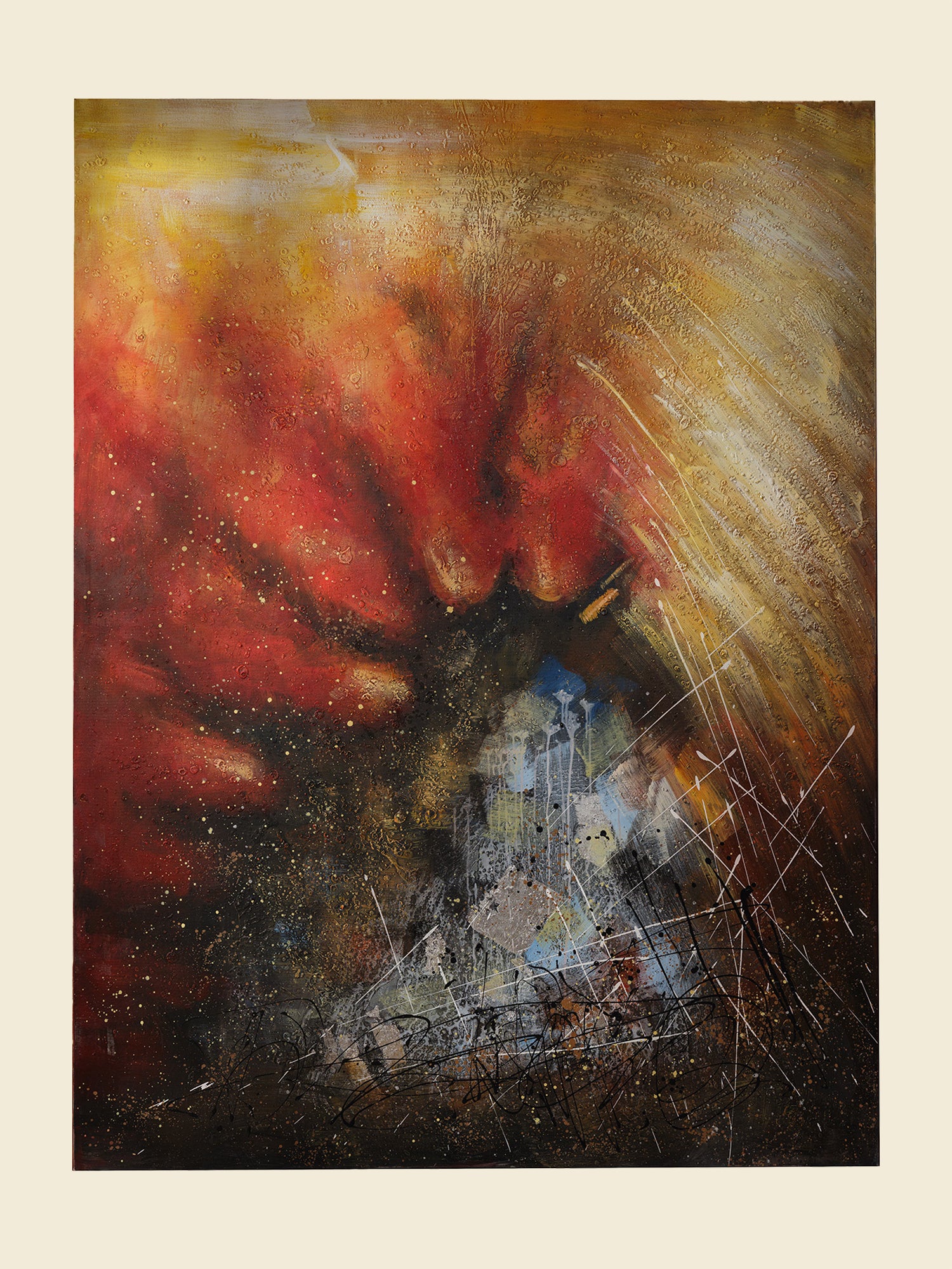 Mixed-media abstract artwork titled Ember Vortex, featuring fiery red, gold, and black tones with layered textures and dynamic energy.