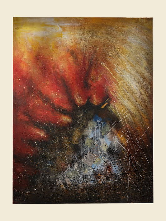 Mixed-media abstract artwork titled Ember Vortex, featuring fiery red, gold, and black tones with layered textures and dynamic energy.