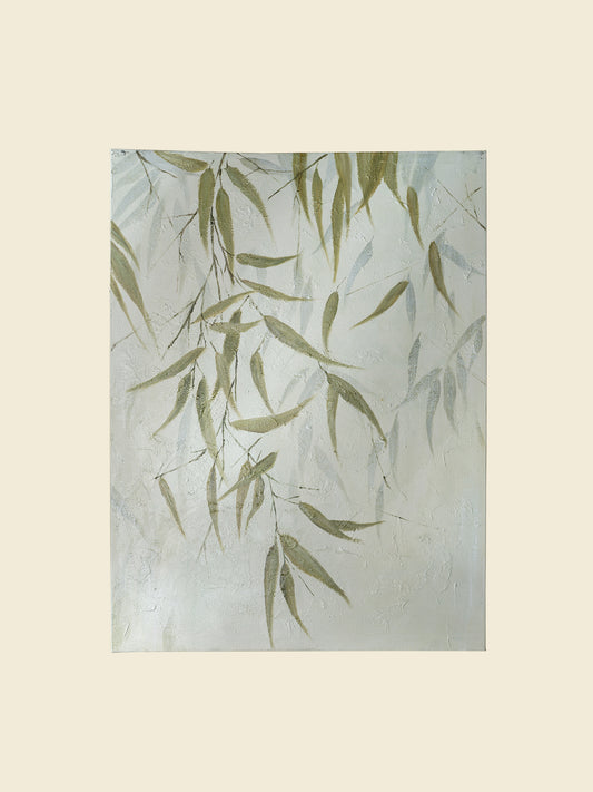 Abstract painting titled Eucalypt Reverie, featuring green eucalyptus leaves with soft brushstrokes on a light canvas background.
