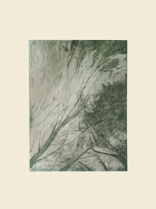 Abstract painting titled Forest Veil, featuring layered green brushstrokes resembling foliage on canvas.