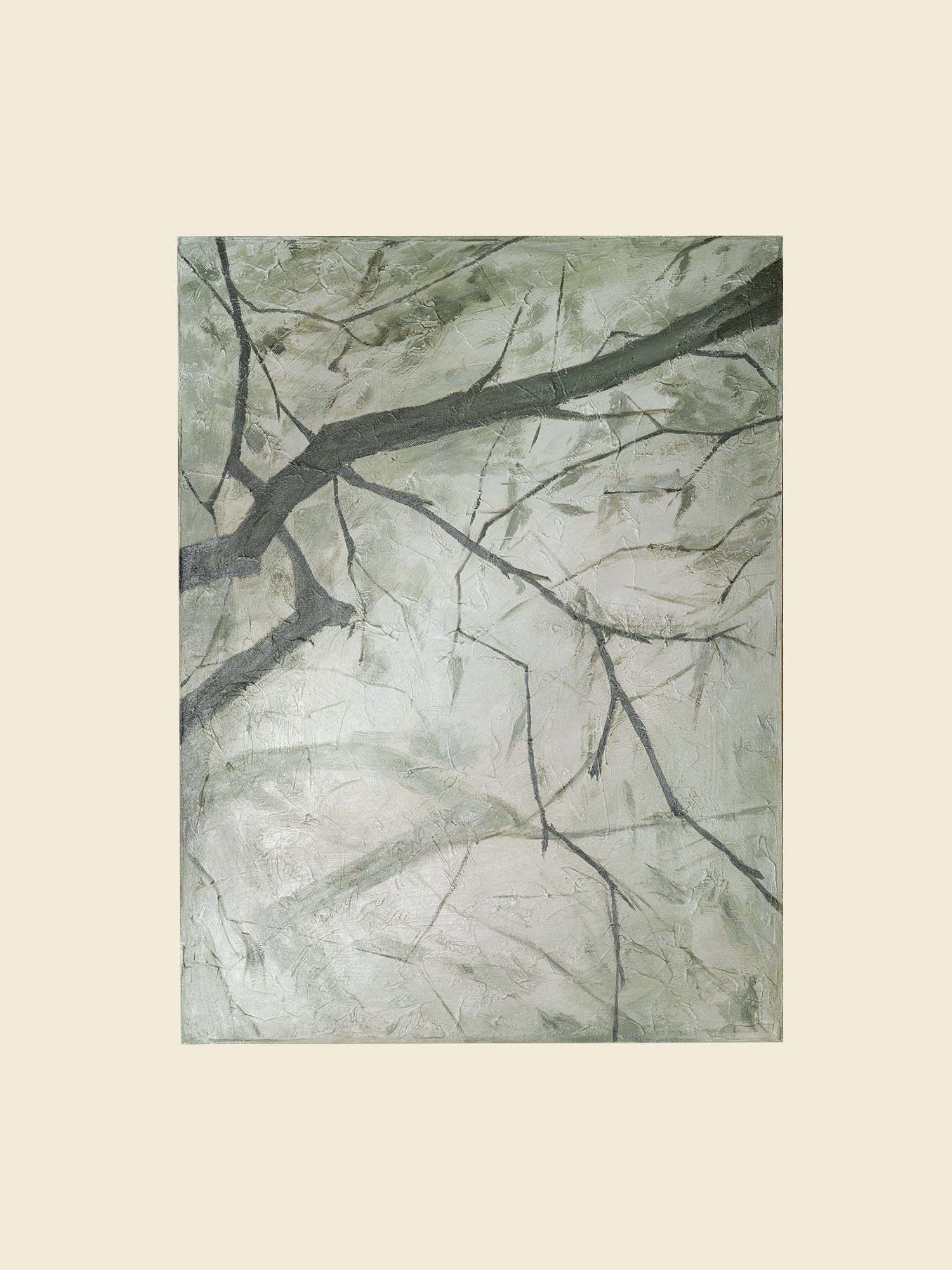 Abstract painting titled Frosted Lines, featuring cool grey and white tones with branch-like linear patterns on canvas.