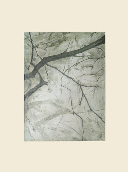 Abstract painting titled Frosted Lines, featuring cool grey and white tones with branch-like linear patterns on canvas.