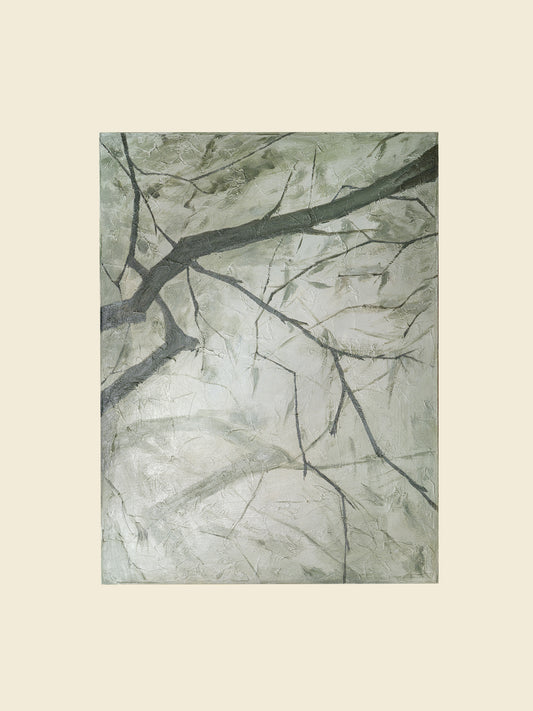 Abstract painting titled Frosted Lines, featuring cool grey and white tones with branch-like linear patterns on canvas.
