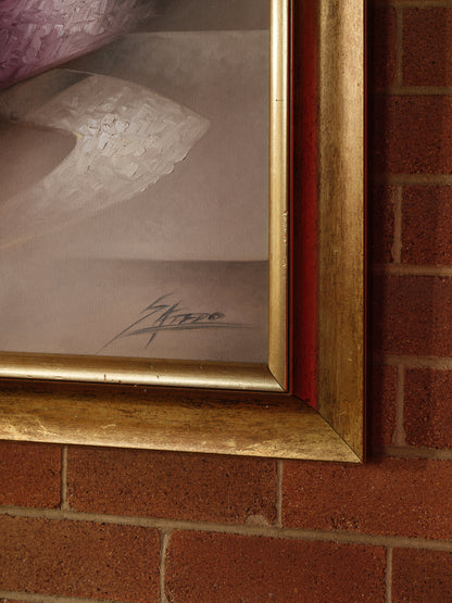 Oil painting titled Gilded Ribbons, featuring sweeping abstract curves in gold, crimson, and muted tones, layered over a smoky brown and grey background, framed in gold.