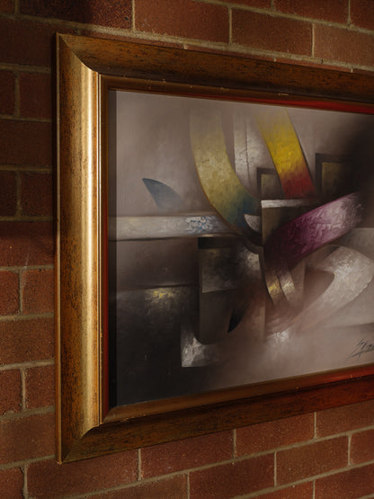 Oil painting titled Gilded Ribbons, featuring sweeping abstract curves in gold, crimson, and muted tones, layered over a smoky brown and grey background, framed in gold.