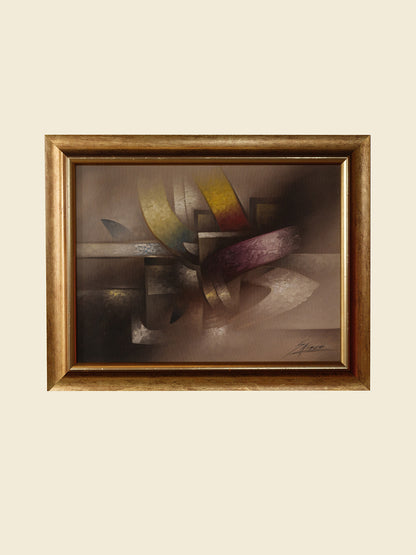Oil painting titled Gilded Ribbons, featuring sweeping abstract curves in gold, crimson, and muted tones, layered over a smoky brown and grey background, framed in gold.