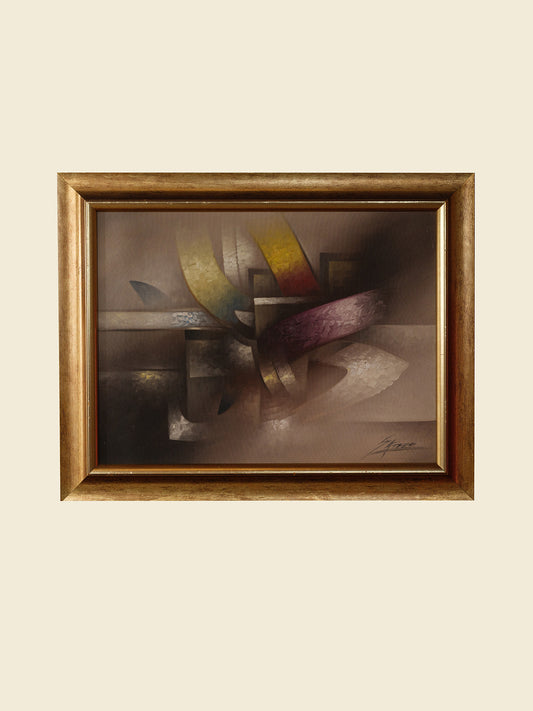 Oil painting titled Gilded Ribbons, featuring sweeping abstract curves in gold, crimson, and muted tones, layered over a smoky brown and grey background, framed in gold.