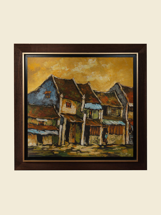 Oil painting titled Golden Eaves on Old Street, depicting a row of traditional houses with weathered tiled roofs under a golden-yellow sky, framed in dark wood.