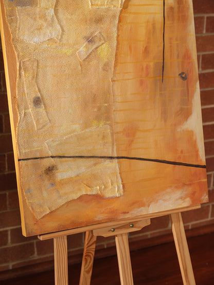 Abstract textured painting titled Golden Palimpsest, featuring layered golden ochre tones with subtle lines and organic forms on canvas.