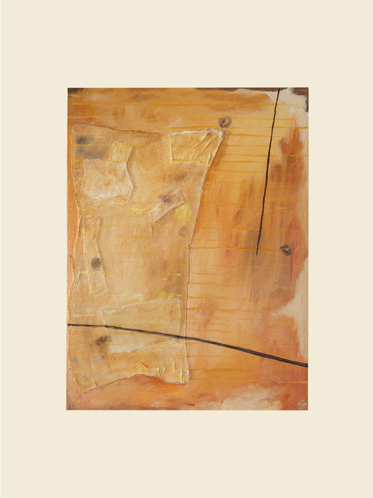Abstract textured painting titled Golden Palimpsest, featuring layered golden ochre tones with subtle lines and organic forms on canvas.