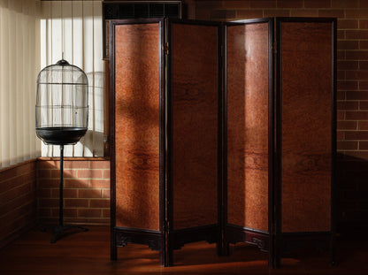 Four-panel wooden screen titled Herd Beneath the Pines, featuring hand-painted horses beneath pine trees in a traditional Chinese landscape style.